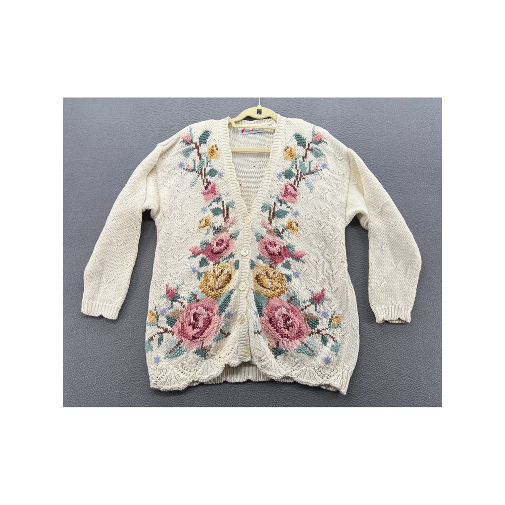 VTG Chaus Floral Knit Cardigan Sweater Ivory Roses Shoulder Pads Sz L Cottagecor